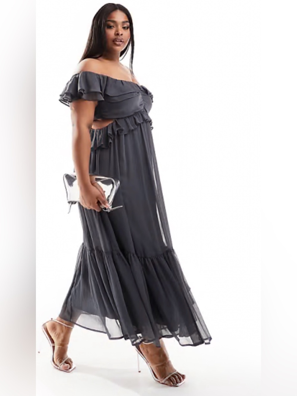 ASOS Curve Off-Shoulder Ruffle Maxi Dress in Charcoal